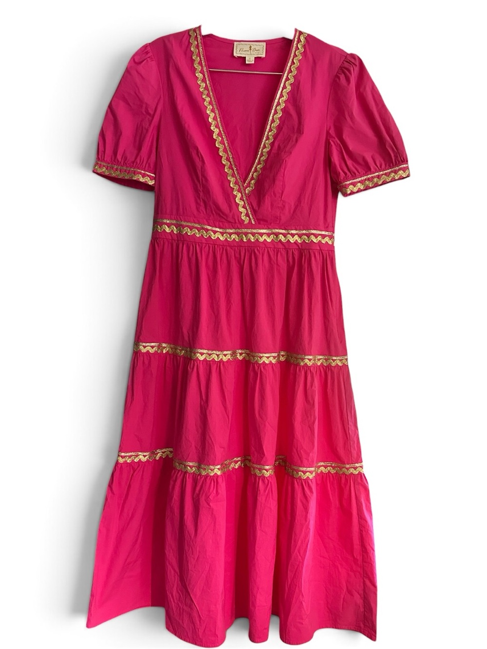 Flora Bea Nyc Pink Tiered Midi Dress with Gold Trim~Like New~Small